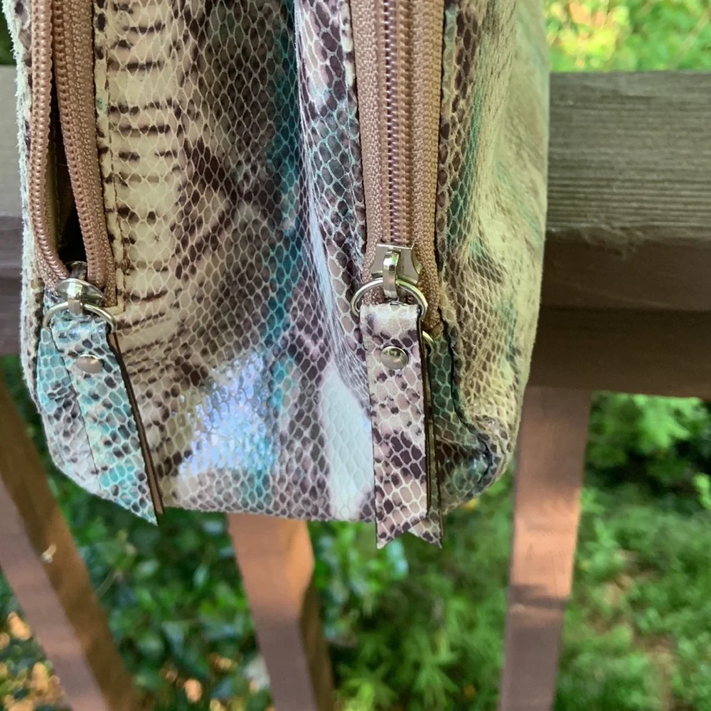 Lodis Snake-Print Laptop Bag in Cream, Brown & Teal